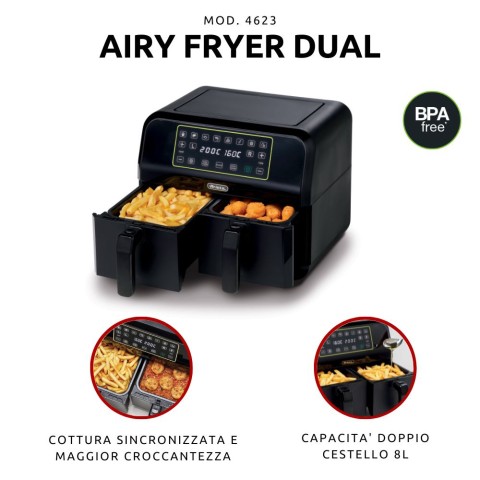 Ariete 4623 Airy Fryer Dual, Friggitrice ad aria con doppio cestello, 1700 W, Capacità 8L, 3 Funzioni di cottura, Pannello digitale LED Touch, 8 programmi preimpostati, Timer, 2 cestelli, Nero