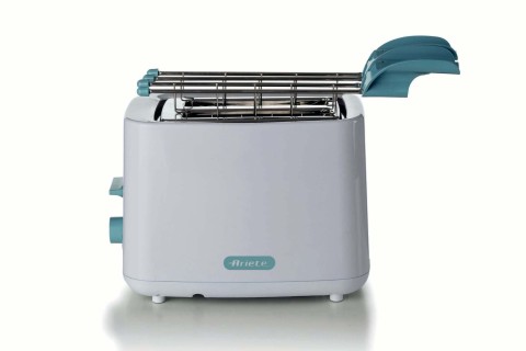 Ariete 157 Tostapane Breakfast, 760W, Capacità 2 fette di pane, Pinze in acciaio inox, 7 livelli di doratura, Pulsante stop, Tocco freddo, White & Aegean Teal