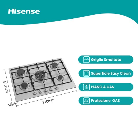 Hisense GM773XF piano cottura Acciaio inox Da incasso 71 cm Gas 5 Fornello(i)