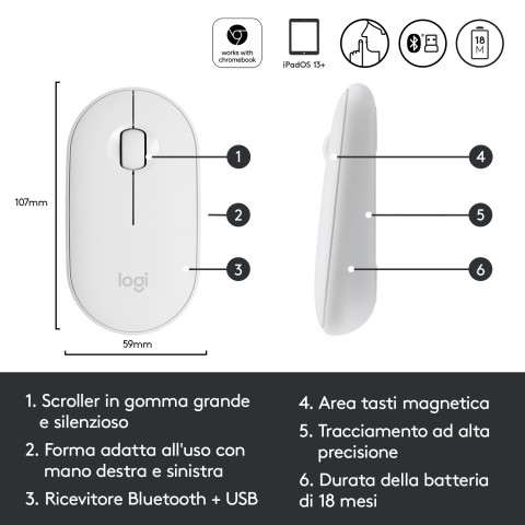 Logitech Pebble, mouse wireless con Bluetooth o ricevitore da 2,4 GHz, mouse per computer con clic silenzioso per laptop, notebook, iPad, PC e Mac