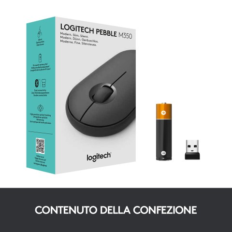 Logitech Pebble, mouse wireless con Bluetooth o ricevitore da 2,4 GHz, mouse per computer con clic silenzioso per laptop, notebook, iPad, PC e Mac