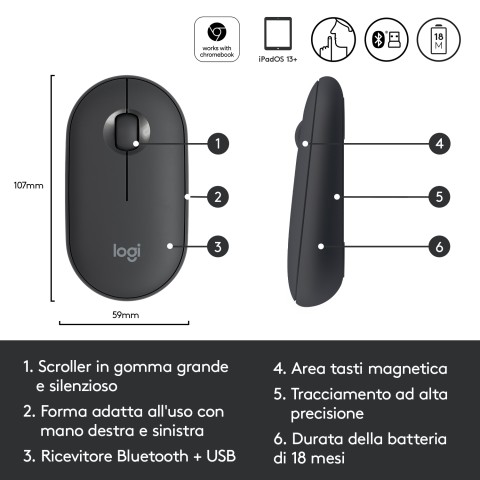 Logitech Pebble, mouse wireless con Bluetooth o ricevitore da 2,4 GHz, mouse per computer con clic silenzioso per laptop, notebook, iPad, PC e Mac