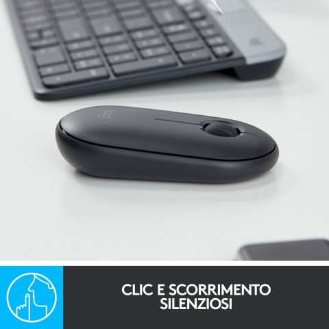 Logitech Pebble, mouse wireless con Bluetooth o ricevitore da 2,4 GHz, mouse per computer con clic silenzioso per laptop, notebook, iPad, PC e Mac