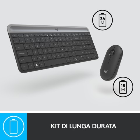 Logitech MK470 Kit Mouse e Tastiera Wireless per Windows, Ricevitore USB 2.4 GHz, ‎Sottile, Compatto, Silenzioso, Batteria Lunga Durata, PC/Laptop, Layout Italiano QWERTY, ‎Grigio