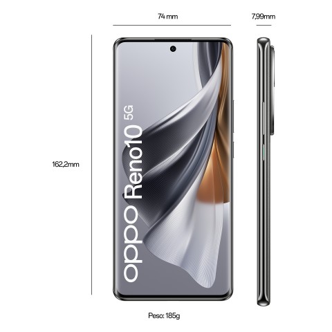 OPPO Reno RENO10 Smartphone 5G, AI Tripla fotocamera 64+32+8MP, Selfie 32MP, Display 6.7" 120HZ AMOLED, 5000 mAh, RAM 8GB (Esp. fino 16GB) + ROM 256GB, [Versione Italia], Colore Silvery Grey