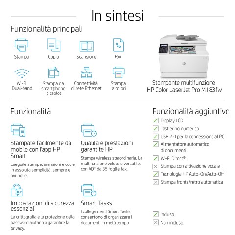 HP Color LaserJet Pro Stampante multifunzione M183fw, Stampa, copia, scansione, fax, ADF da 35 fogli; Risparmio energetico; Funzionalità di sicurezza avanzate; Wi-Fi dual band