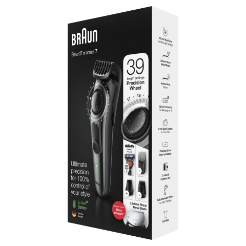 Braun BeardTrimmer BT7220 Regolabarba Uomo, Rifinitore E Tagliacapelli Con 39 Impostazioni Di Lunghezza, Progettato Per Durare Il Doppio*, Nero/Grigio Metallizzato