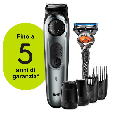 Braun BeardTrimmer BT7220 Regolabarba Uomo, Rifinitore E Tagliacapelli Con 39 Impostazioni Di Lunghezza, Progettato Per Durare Il Doppio*, Nero/Grigio Metallizzato