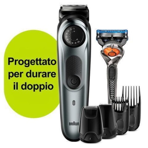 Braun BeardTrimmer BT7220 Regolabarba Uomo, Rifinitore E Tagliacapelli Con 39 Impostazioni Di Lunghezza, Progettato Per Durare Il Doppio*, Nero/Grigio Metallizzato