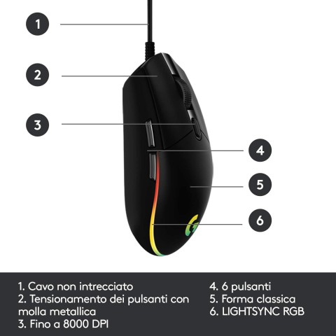 Logitech G G203 Lightsync mouse Giocare USB tipo A 8000 DPI