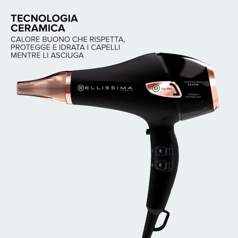 Bellissima Imetec Ceramic P5 3800, Asciugacapelli Professionale Per Capelli Morbidi e Luminosi, Tecnologia Ceramica, Potenza 2300 W, Ionizzatore, Diffusore e Convogliatore Ceramico