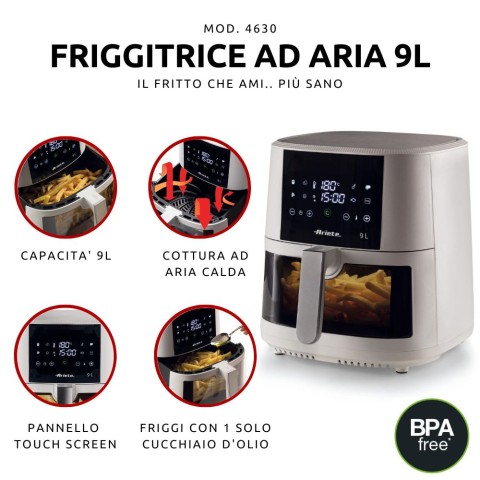 Ariete 4630 Friggitrice ad aria 9L, 1500 W, Capacità 9L, Capacità di cottura 3,5kg, 8 programmi preimpostati, Temperatura fino a 200°, Cestello trasparente per controllo cottura, Bianco