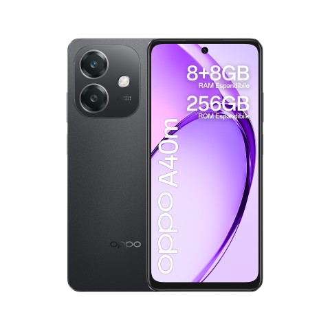 OPPO A40M Smartphone, Fotocamera AI 50MP, Selfie 5MP, Display 6.67” 90HZ LCD HD+, 5100mAh, RAM 16 GB (8+8) + ROM 256GB, IP54, [Versione Italia], Sparkle Black