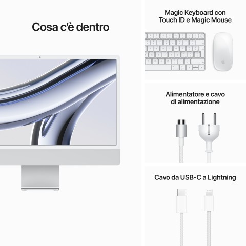 Apple iMac con Retina 24'' Display 4.5K M3 chip con 8‑core CPU e 10‑core GPU, 256GB SSD - Argento