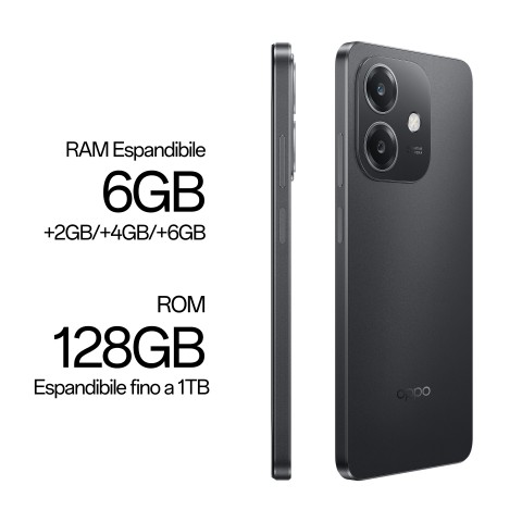 OPPO A40 Smartphone, Fotocamera AI 50MP, Selfie 5MP, Display 6.67” 90HZ LCD HD+, 5100mAh, RAM 12 GB (6+6) + ROM 128GB, IP54, [Versione Italia], Sparkle Black