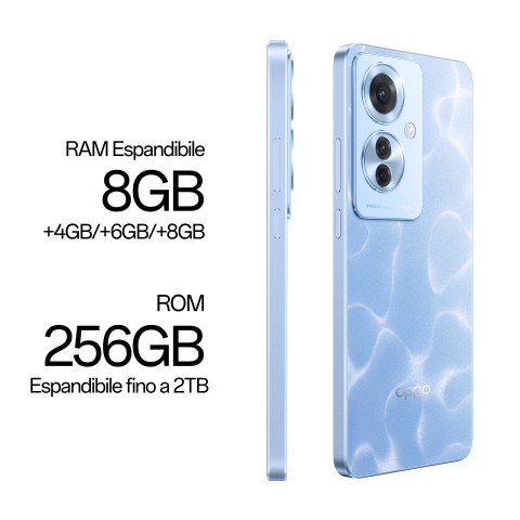 OPPO Reno Reno11 F 5G Smartphone, AI Tripla fotocamera 64+8+2MP, Selfie 32MP, Display 6.7” 120HZ AMOLED FHD+, 5000mAh, RAM 8(Esp4GB/6GB/8GB)+ROM 256GB (esp2TB), [Versione Italia], Ocean Blue