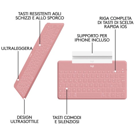 Logitech Keys-To-Go Tastiera Bluetooth, Sottile e Leggera, per iPhone, iPad, Apple TV e tutti i dispositivi iOS. Rosa