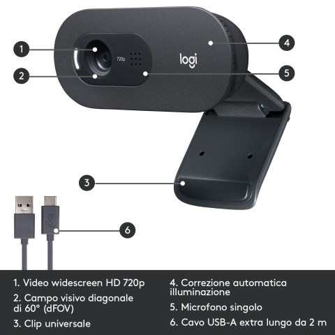 Logitech C505 Webcam HD - Videocamera USB Esterna 720p HD per Desktop o Laptop con Microfono a Lunga Portata, Compatibile con PC o Mac