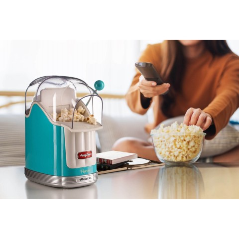 Ariete 2958 Pop Corn Maker Party Time, Macchina per pop corn con leva, 1100 Watt, Capacità 600 g, Cottura ad aria calda senza grassi, Celeste