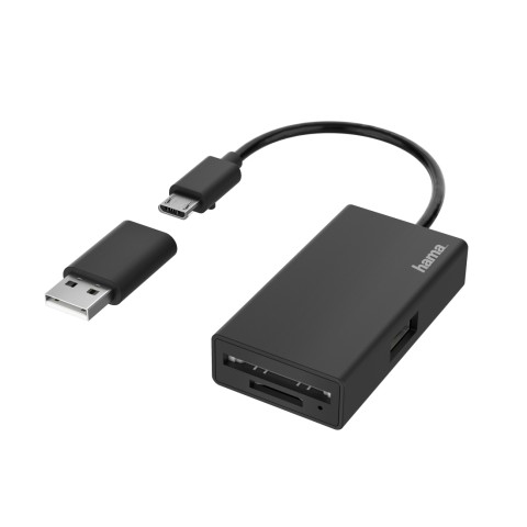 Hama Hub USB 2 porte e lettore schede con cavo integrato, OTG "On The Go" per smartphone e tablet, adattatore micro USB F/USB A M, nero