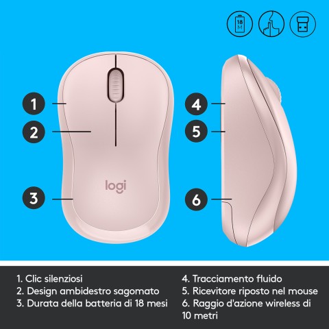 Logitech M220 SILENT Mouse Wireless, 2,4 GHz con Ricevitore USB, Tracciamento Ottico 1000 DPI, Durata Batteria di 18 Mesi, Ambidestro, Compatibile con PC, Mac, Laptop. Rosa