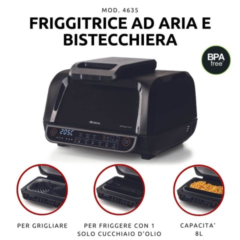 Ariete 4635 Air Fryer Grill, Friggitrice ad aria e Griglia, Bistecchiera,1700W, Capacità 8L, Friggi e Griglia, 8 funzioni di cottura, Timer, Nero