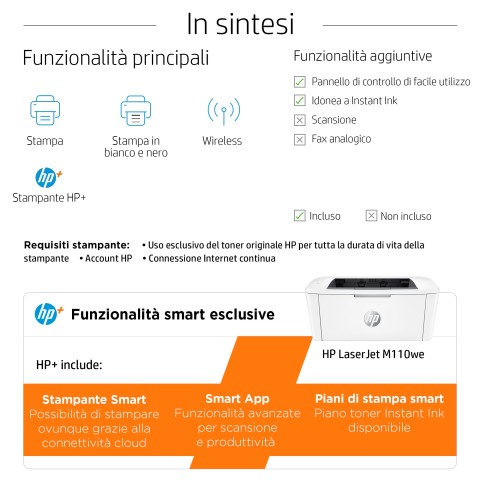 HP LaserJet Stampante HP M110we, Bianco e nero, Stampante per Piccoli uffici, Stampa, wireless; HP+; Idonea a HP Instant Ink