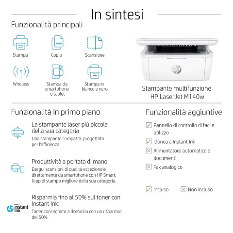 HP LaserJet Stampante multifunzione M140w, Bianco e nero, Stampante per Piccoli uffici, Stampa, copia, scansione, Scansione verso e-mail; scansione verso PDF; dimensioni compatte