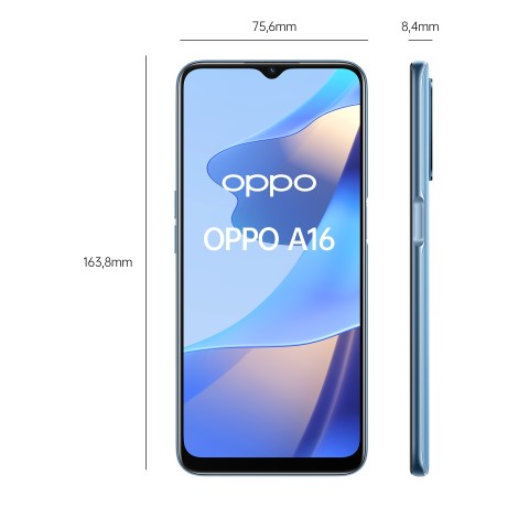 OPPO A16 Smartphone, AI Triple Camera 13+2+2 MP, 6.52” 60HZ Display, 5000mAh, SuperVOOC + Power Saving, RAM 3GB + ROM 32GB expandable, ColorOS11.1, IPX4, [Versione Italiana], Pearl Blue