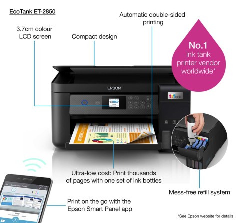 Epson EcoTank ET-2850 stampante multifunzione inkjet 3-in-1 A4, serbatoi ricaricabili alta capacità, 5 flaconi inclusi pari a 14000pag B/N 5200pag colore, Wi-FI Direct, USB