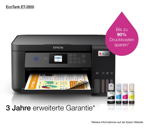 Epson EcoTank ET-2850 stampante multifunzione inkjet 3-in-1 A4, serbatoi ricaricabili alta capacità, 5 flaconi inclusi pari a 14000pag B/N 5200pag colore, Wi-FI Direct, USB