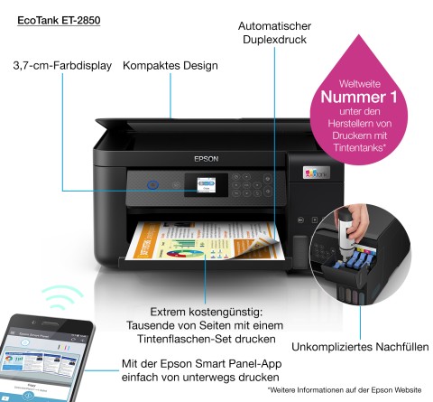 Epson EcoTank ET-2850 stampante multifunzione inkjet 3-in-1 A4, serbatoi ricaricabili alta capacità, 5 flaconi inclusi pari a 14000pag B/N 5200pag colore, Wi-FI Direct, USB