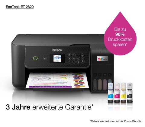 Epson EcoTank ET-2820 stampante multifunzione inkjet 3-in-1 A4, serbatoi ricaricabili alta capacità, 4 flaconi inclusi pari a 3600pag B/N 6500pag colore, Wi-FI Direct, USB