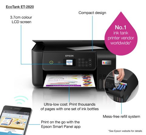 Epson EcoTank ET-2820 stampante multifunzione inkjet 3-in-1 A4, serbatoi ricaricabili alta capacità, 4 flaconi inclusi pari a 3600pag B/N 6500pag colore, Wi-FI Direct, USB