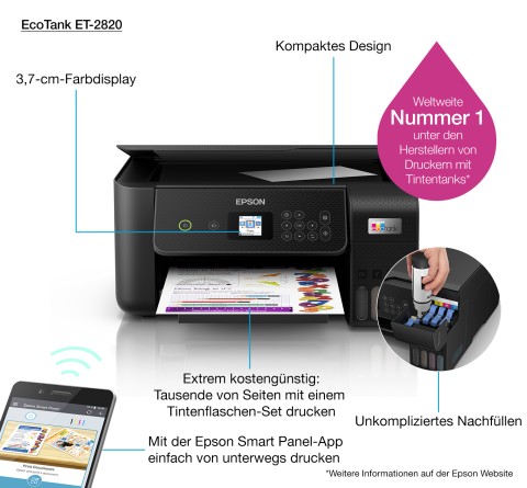 Epson EcoTank ET-2820 stampante multifunzione inkjet 3-in-1 A4, serbatoi ricaricabili alta capacità, 4 flaconi inclusi pari a 3600pag B/N 6500pag colore, Wi-FI Direct, USB