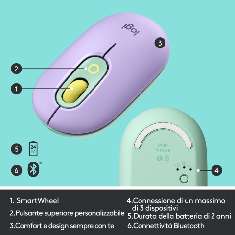 Logitech POP Mouse Wireless con Emoji personalizzabili, Tecnologia SilentTouch, Precisione e Velocità, Design Compatto, Bluetooth, USB, Multidispositivo, Compatibile OS - Daydream