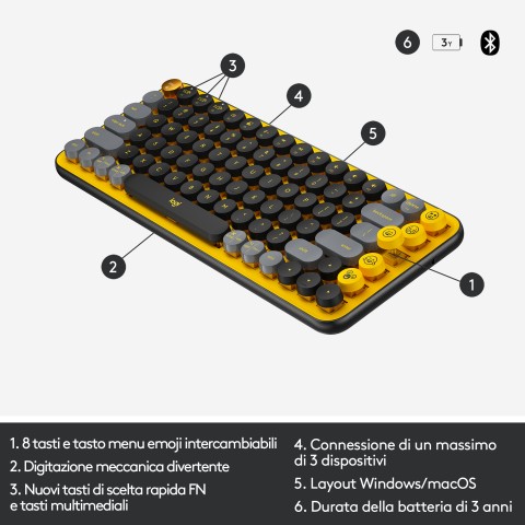 Logitech POP Keys Tastiera Meccanica Wireless con Tasti Emoji Personalizzabili, Design Compatto Durevole, Connettività Bluetooth o USB, Compatibilità Multidispositivo e OS - Blast