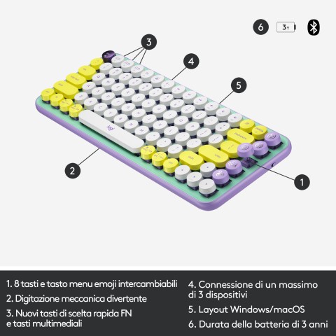 Logitech POP Keys Tastiera Meccanica Wireless con Tasti Emoji Personalizzabili, Design Compatto Durevole, Connettività Bluetooth o USB, Compatibilità Multidispositivo e OS - Daydream