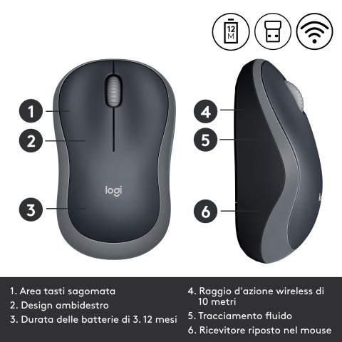 Logitech M185 Mouse Wireless, 2,4 GHz con Mini Ricevitore USB, Durata Batteria di 12 Mesi, Tracciamento Ottico 1000 DPI, Ambidestro, Compatibile con PC, Mac, Laptop