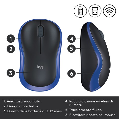 Logitech M185 Mouse Wireless, 2,4 GHz con Mini Ricevitore USB, Durata Batteria di 12 Mesi, Tracciamento Ottico 1000 DPI, Ambidestro, Compatibile con PC, Mac, Laptop