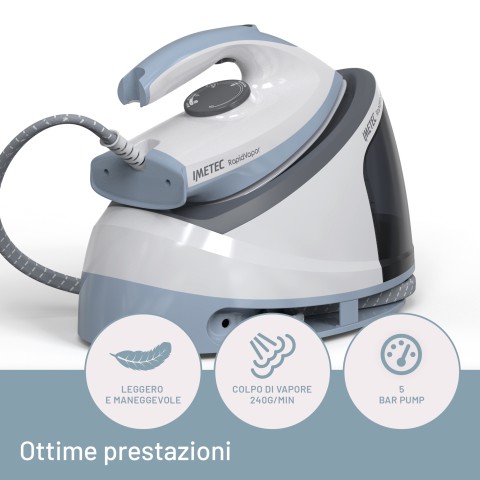 Imetec Rapidvapor Ferro da Stiro Generatore di Vapore, Piastra Fluid Ceramic a Rapido Riscaldamento, Leggero, Sistema di Pulizia Calc Clean, Colpo Vapore 240 g, 2400 W, 5 Bar Pump