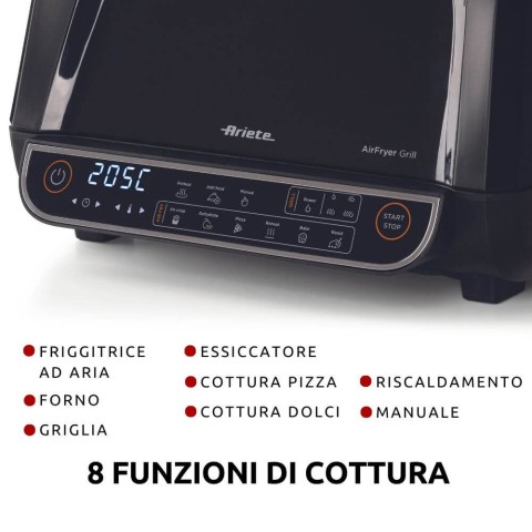 Ariete 4635 Air Fryer Grill, Friggitrice ad aria e Griglia, Bistecchiera,1700W, Capacità 8L, Friggi e Griglia, 8 funzioni di cottura, Timer, Nero