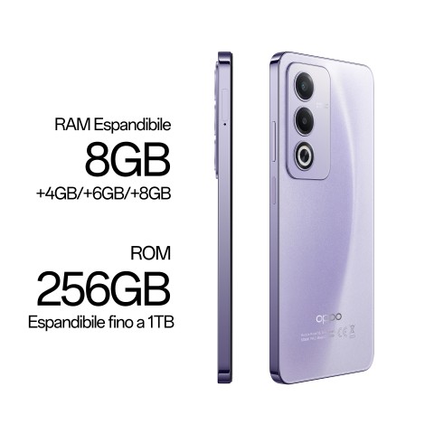 OPPO A80 5G Smartphone, AI Doppia Fotocamera 50+2MP, Selfie 8MP, Display 6.67” 120HZ LCD HD+, 5100mAh, RAM 16 GB (8+8) + ROM 256GB, IP54, [Versione Italia], Moonlight Purple