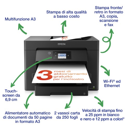 Epson WorkForce WF-7835DTWF, stampante multifunzione A3 getto d'inchiostro (stampa, scansione, copia), Display LCD 6,9 cm, Wi-Fi Direct, 3 mesi inchiostro incluso con ReadyPrint