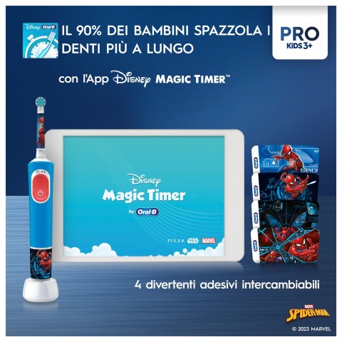 Oral-B Spazzolino Elettrico Ricaricabile Pro Kids con personaggi Marvel Spider-Man, 2 Testine, da 3 Anni In Su. 1 Spazzolino