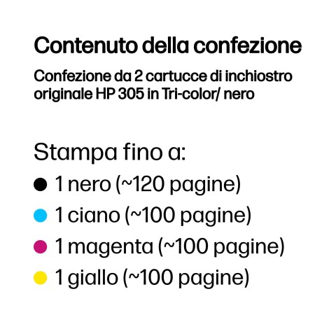 HP 305 2-Pack Tri-color/Black Original Ink Cartridge cartuccia d'inchiostro 2 pz Originale Resa standard Nero, Ciano, Magenta, Giallo