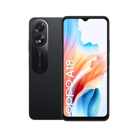 OPPO A18 4G Smartphone, AI Doppia fotocamera 8+2MP, Selfie 5MP, Display 6.56” 90HZ LCD HD+, 5000mAh, RAM 8 GB (4+4) + ROM 128GB, IP54, [Versione Italia],Glowing Black