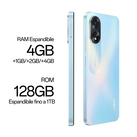 OPPO A18 4G Smartphone, AI Doppia fotocamera 8+2MP, Selfie 5MP, Display 6.56” 90HZ LCD HD+, 5000mAh, RAM 8 GB (4+4) + ROM 128GB, IP54, [Versione Italia],Glowing Blue