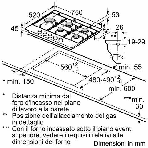 Bosch Serie 6 PCS7A5B90 Piano cottura a gas 75 cm Acciaio inox