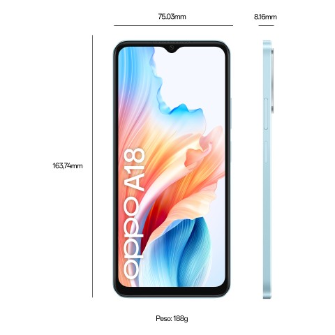 OPPO A18 4G Smartphone, AI Doppia fotocamera 8+2MP, Selfie 5MP, Display 6.56” 90HZ LCD HD+, 5000mAh, RAM 8 GB (4+4) + ROM 128GB, IP54, [Versione Italia],Glowing Blue